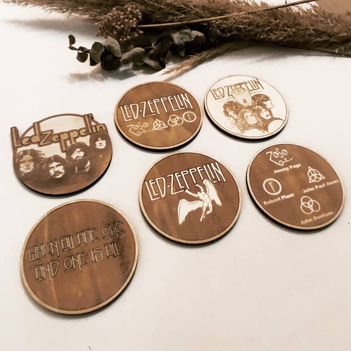 Studio Rima - Wholesale Coasters - Set of 6 Led Zeppelin Wooden Coasters - Rock Band - Music1