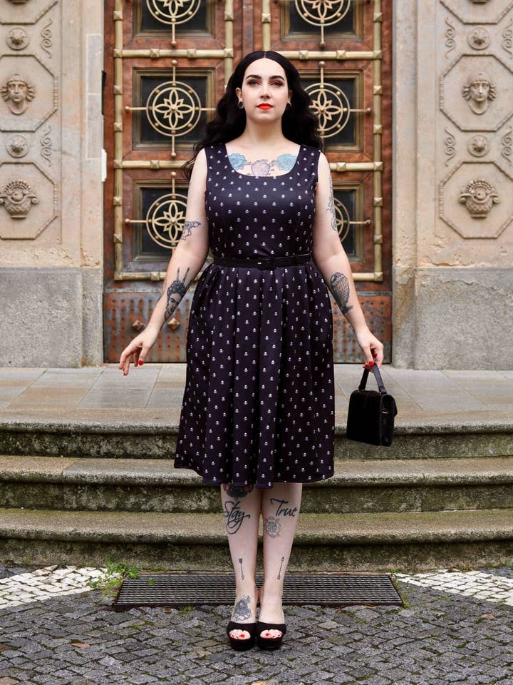 Amanda Black Skull Bohemian Sleeveless Casual Swing Dress for wholesale by Dolly & Dotty