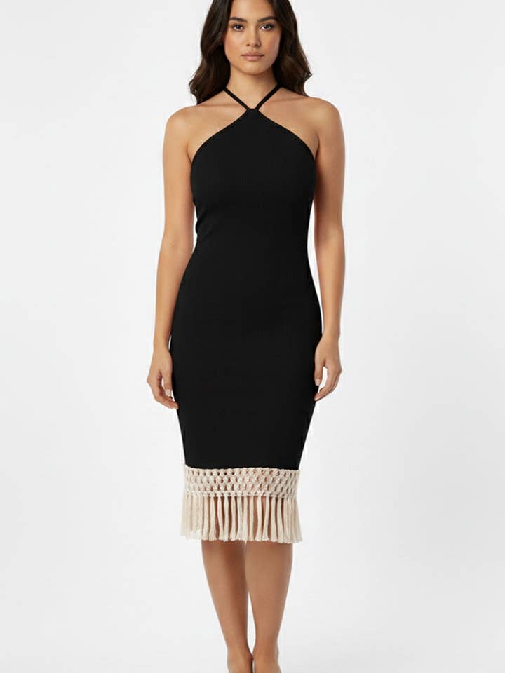 Ribbed Halter Neck Fringe Midi Dress for wholesale by CAPELLA APPAREL