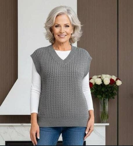 Kurt Muller - Venta al por mayor Chaleco de punto - Mujer - Chaleco de punto sin mangas con cable en V de gran tamaño0