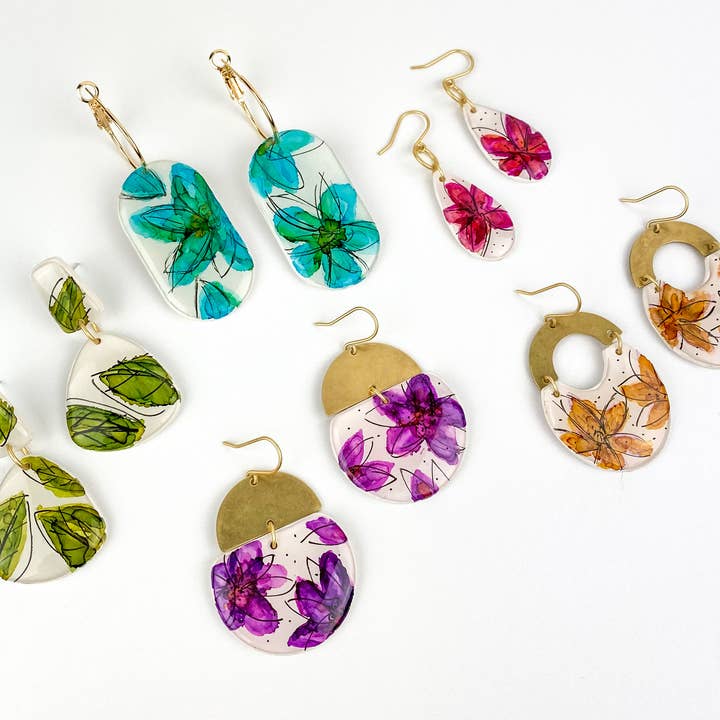 Light Shine - Wholesale Dangle Earrings - Hand Painted Sketchy Flower Clay Earring | Statement Drop21