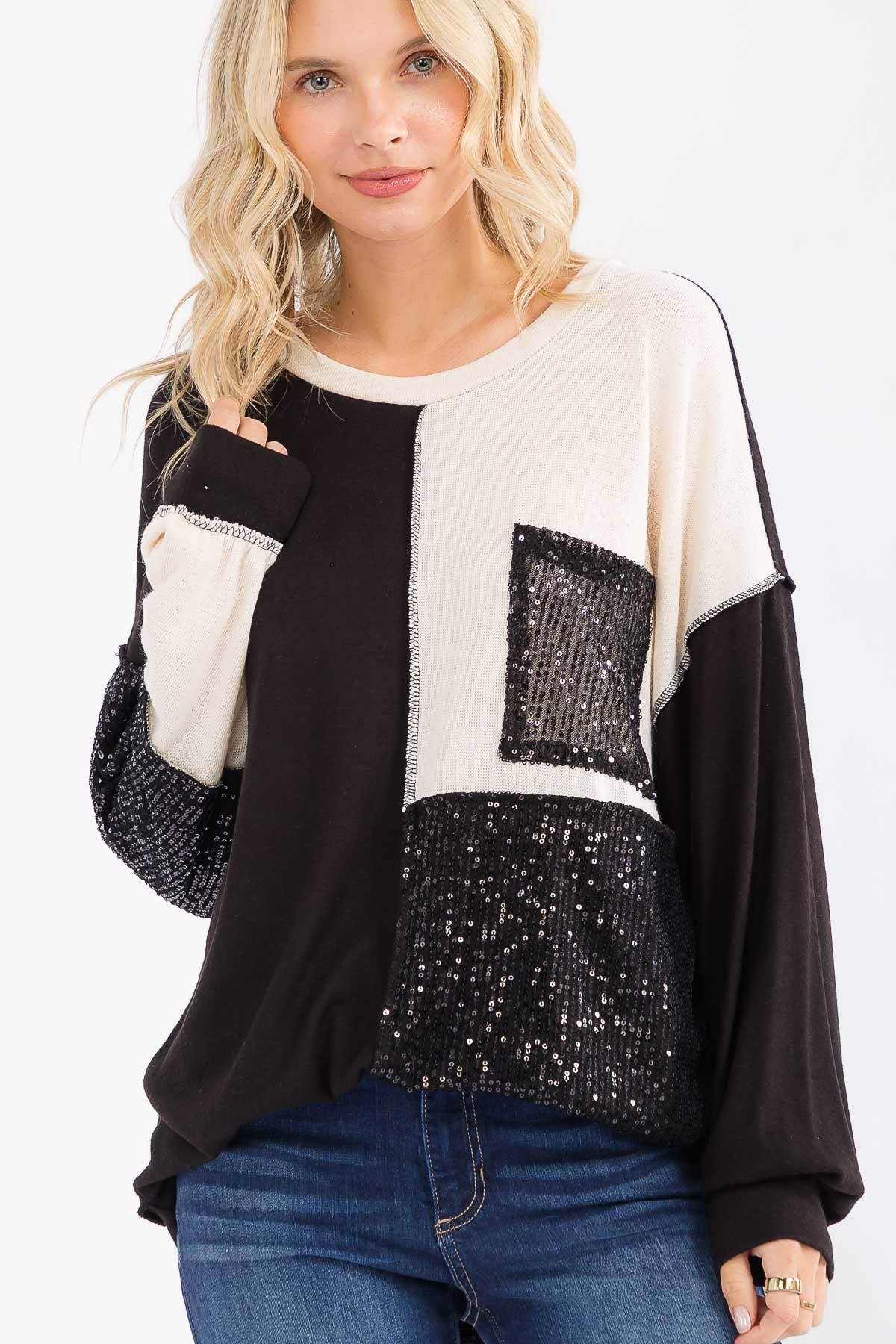 7th Ray – Sweatshirt - Mulher por atacado – Top de Manga Comprida com Bolso Patchwork de Lantejoulas T606013