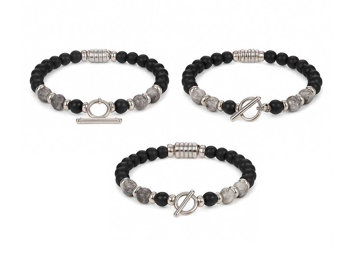 Gemscape UK – wholesale Jewellery – Men's – Men’s Matte Black Beaded Bracelet Stainless Steel Accent