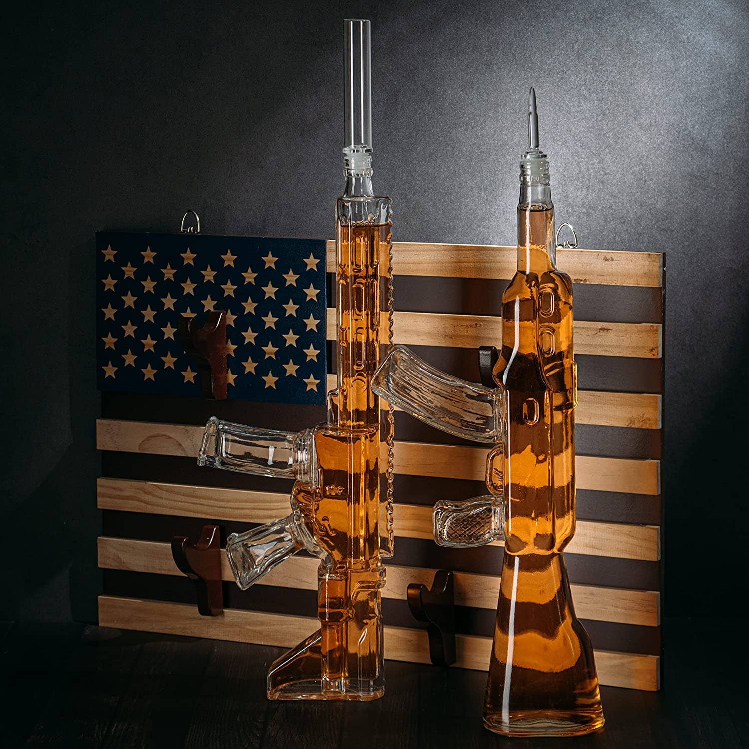 The Wine Savant /  Khen Glassware - Wholesale Decanter - 2 Gun Whiskey Decanters Set AR15 and AK47 Gun Decanter3