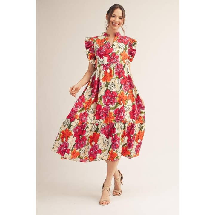 Vestido midi con volantes y estampado floral para venta al por mayor de STYLE USA