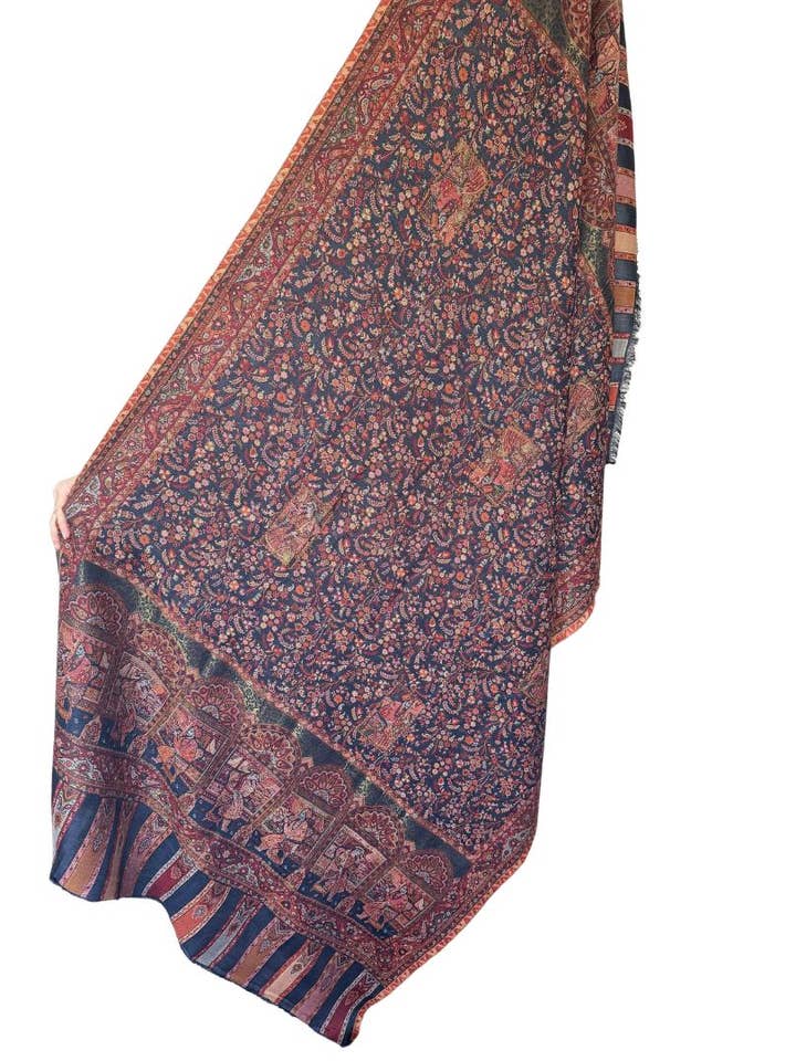 Scialle Kashmiri Pashmina Kani Fatto a Mano con Motivo Floreale Blu per la vendita all'ingrosso da parte di Rena Lina