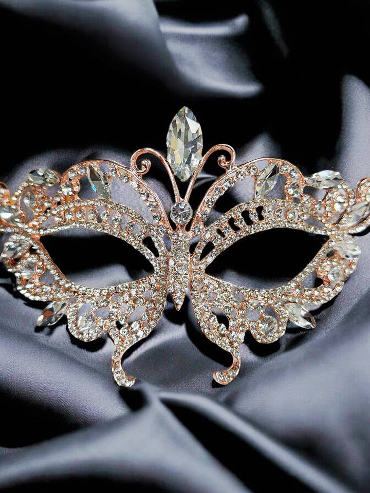 Happy Dream Gifts – Großhandel Kostüm – Damen – Roségoldene Maske, Klare Steinmaske, Schmetterlingsmaskenball-Maske5