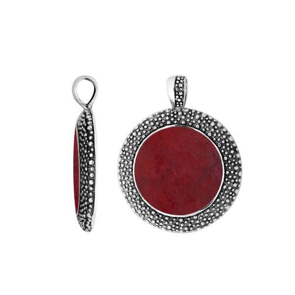 Sterling Silver Red Coral Round Pendant With Balinese Granulated Frame And Mirror-Polished Finish Designed For Wholesale Jewelry Buyers for wholesale by Bali Designs