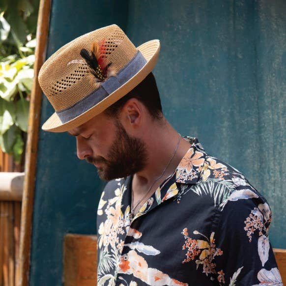 Peter Grimm - Wholesale Straw Hat - Unisex - Shelby Toyo Straw Feather Denim Band Fedora Hat1
