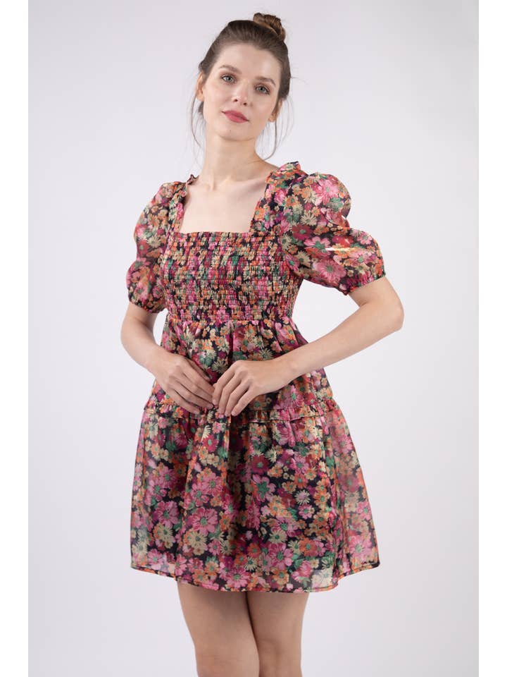 VERY J - Wholesale Dress - Women's - VD33872-Floral Organza Sheer Fabric Babydoll Mini Dress