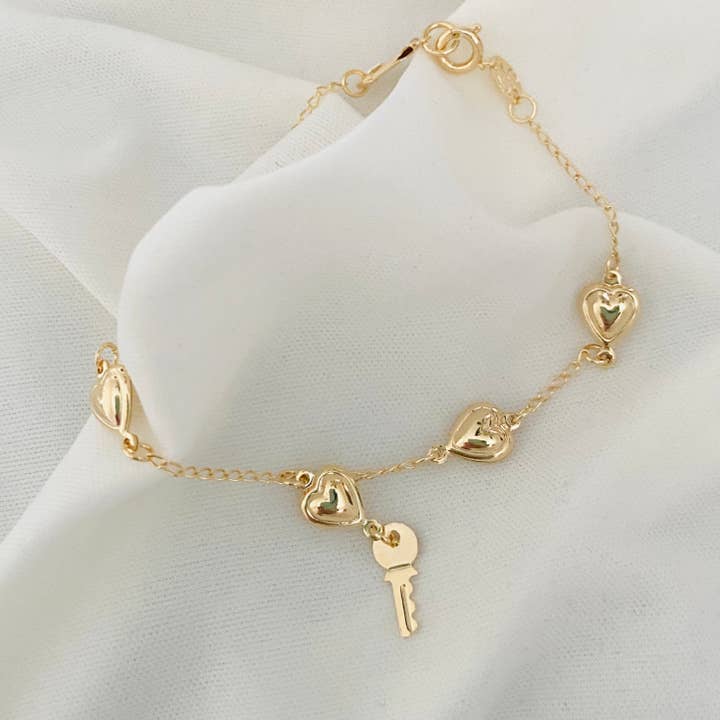 Pulseira Coração e Chave, Pulseira Coração Preenchida em Ouro 18k, Ouro por atacado de Housegoldjewelry