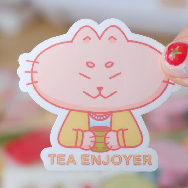 Pink cat | tea enjoyer | pink cat sticker | cute cat for wholesale by Tenshi World
