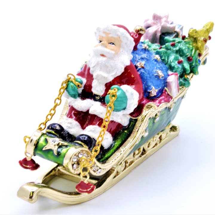 Père Noël en traîneau avec boîte à bijoux en cadeau. Fabriqué à la main pour la vente par Ciel Collectables