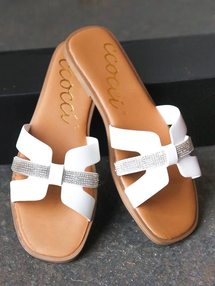 White Vegan Leather & Rhinestone Slide Sandals for wholesale by Promenade
