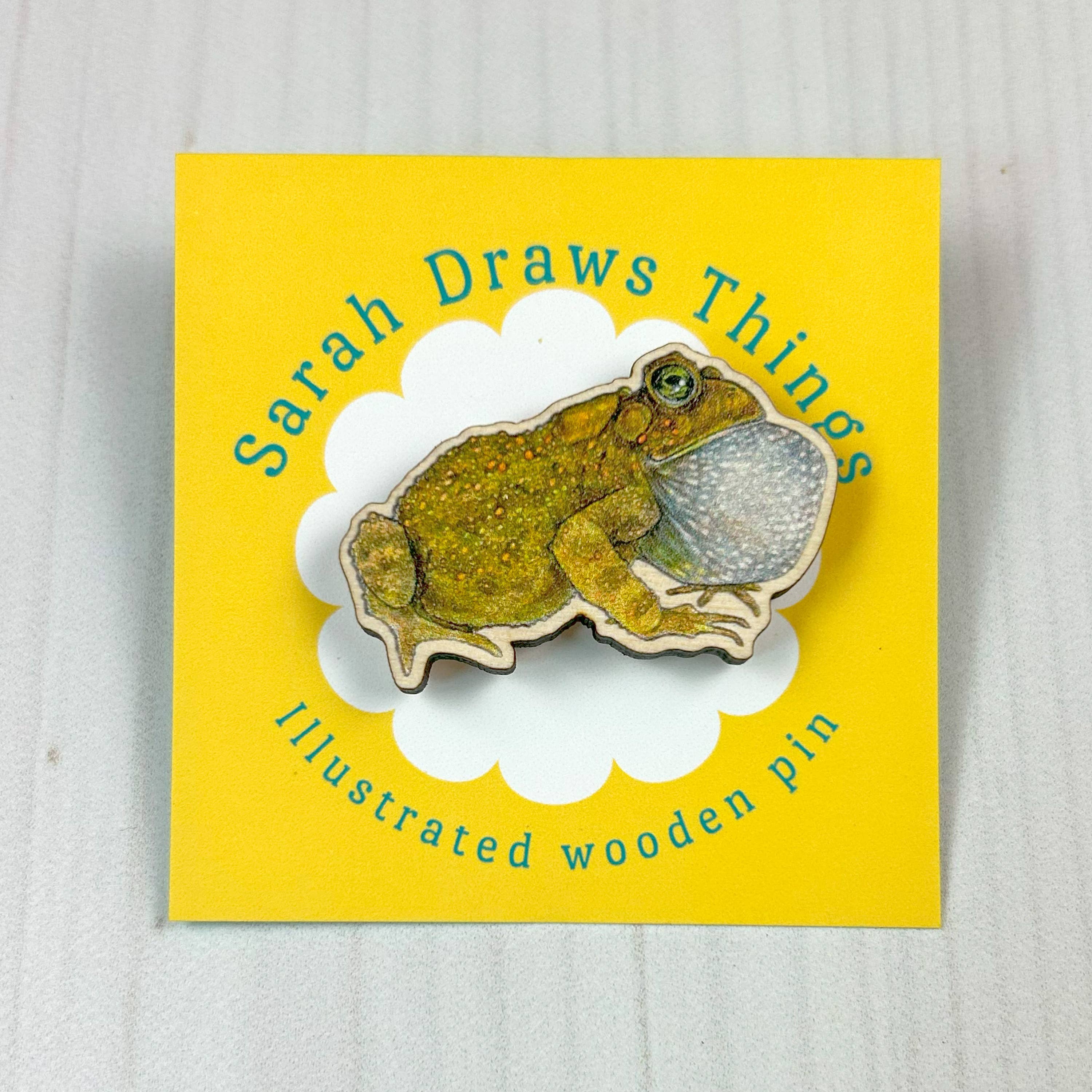Sarah Draws Things - Wholesale Lapel Pin/Button - American Toad - 1.5" illustrated wooden pin
