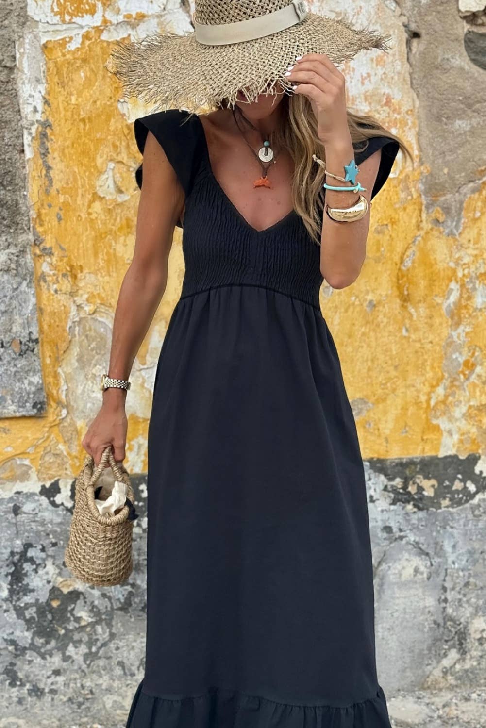 1 the Woman - Wholesale Dress - Women's - V Neck Flutter Sleeve Smocked Bodice Ruffle Maxi Dress2