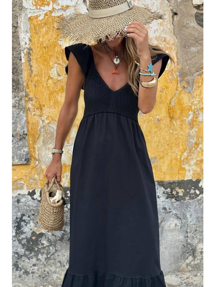 1 the Woman - Wholesale Dress - Women's - V Neck Flutter Sleeve Smocked Bodice Ruffle Maxi Dress2