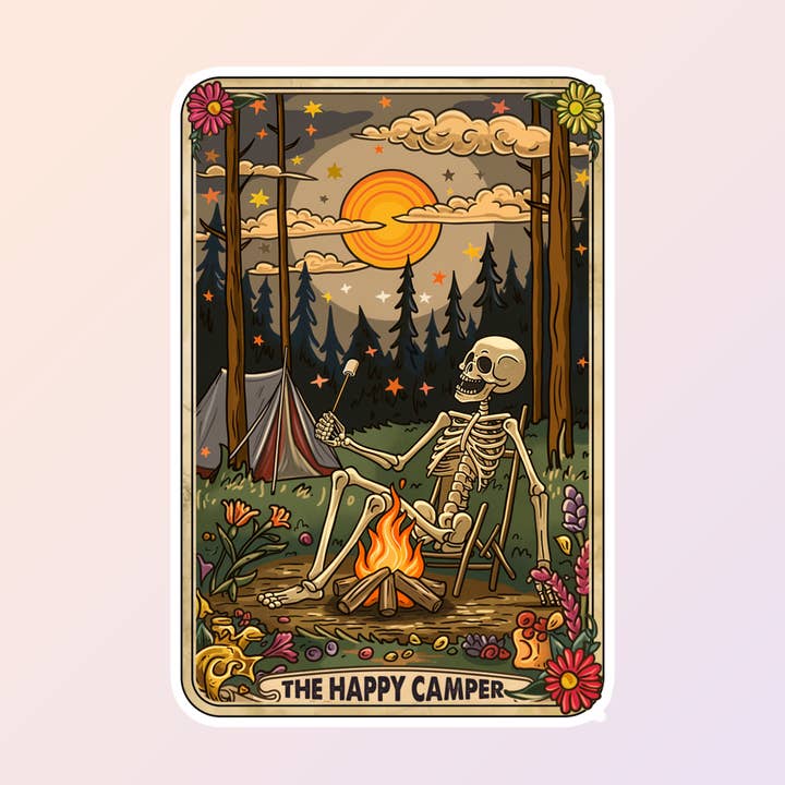 The Happy Camper Funny Tarot Card Stickers for wholesale by Sorry Not Sorry Co