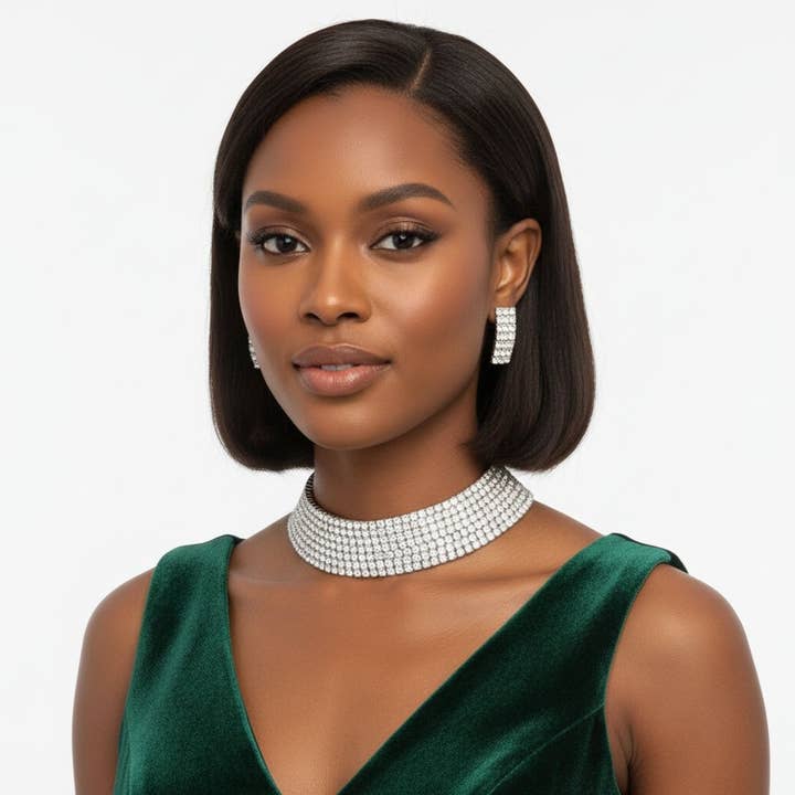 Choker Lucky 7 Silver Stacked Crystal Necklace for wholesale by PinktownUSA