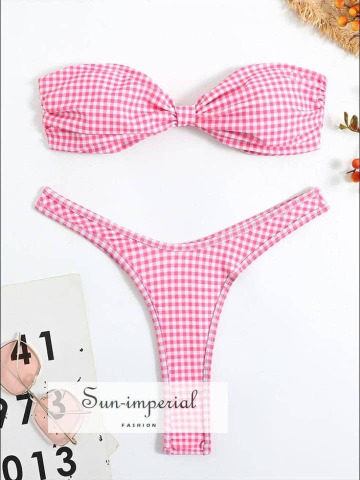 Conjunto Bikini Bandeau Top Miniatura Plaid Rosa por atacado de Sun Imperial