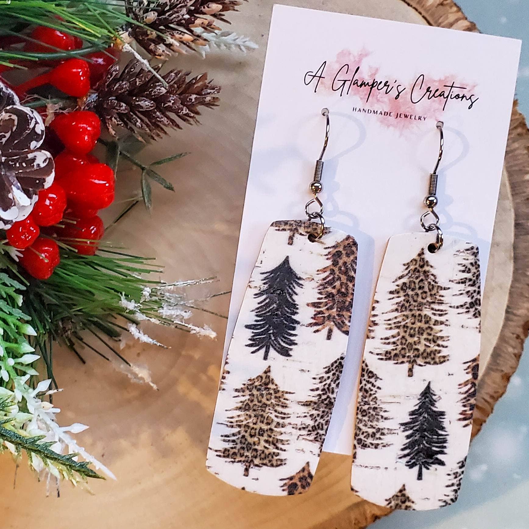 A Glamper's Creations LLC - Wholesale Dangle Earrings - Leopard Trees Bar Leather Earrings0