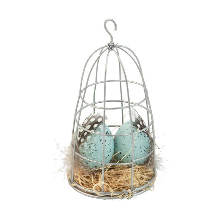 A23770 : Œufs en cage métallique, lit de paille, bleu pâle, 5 pouces pour la vente par Silver Tree Home & Holiday