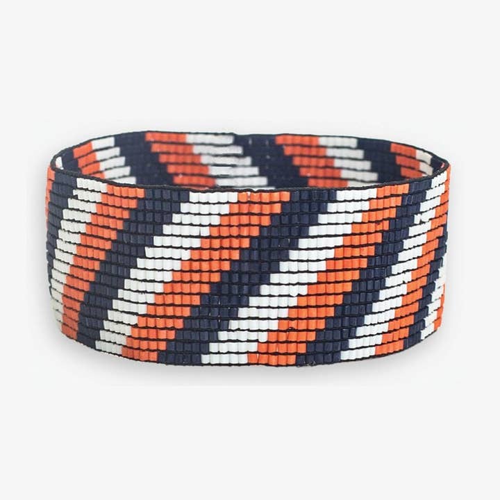 INK + ALLOY - Wholesale Beaded Bracelet - Kenzie Game Day Diagonal Stripes Beaded Stretch Bracelet Navy and Orange Wholesale0