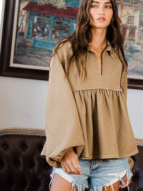 Brown T1902A Collared Split Neck Pleating Top for wholesale on Faire