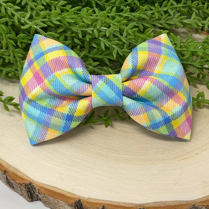 Bright Easter Plaid Dog Bow Tie for wholesale by Dos Doxies LLC
