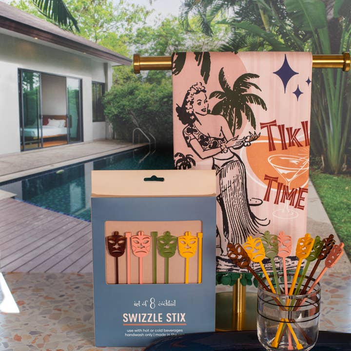 Mod Lounge Paper Company – wholesale Tea towel – Vintage Tiki Time Luau Bar Towel with Trim2