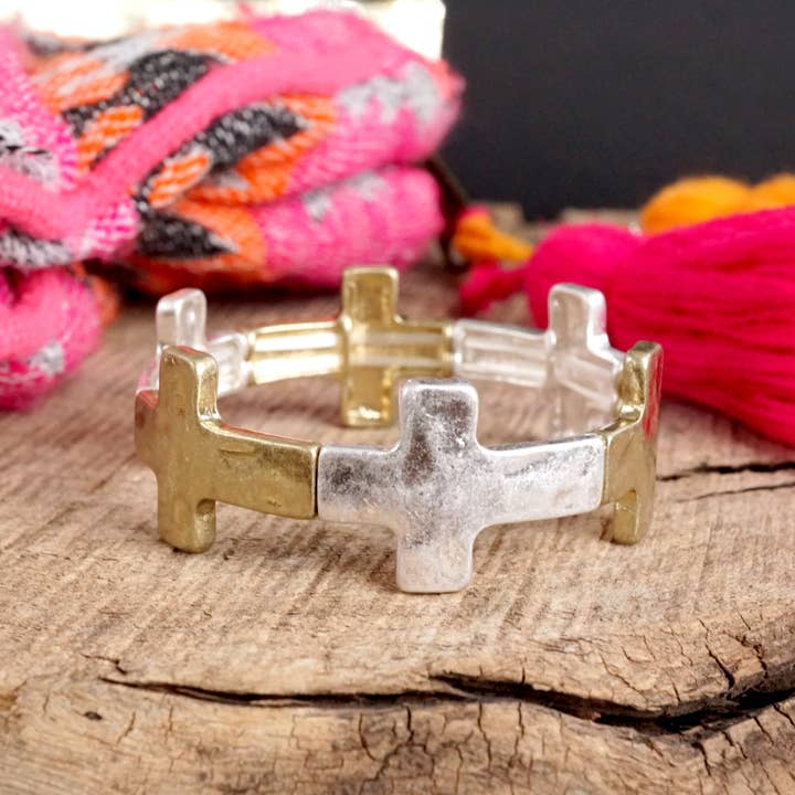 PennyLine inc - Wholesale Bangle Bracelet - Hammered Sideways Cross Bracelet in Worn Silver Gold Tone Boho Style