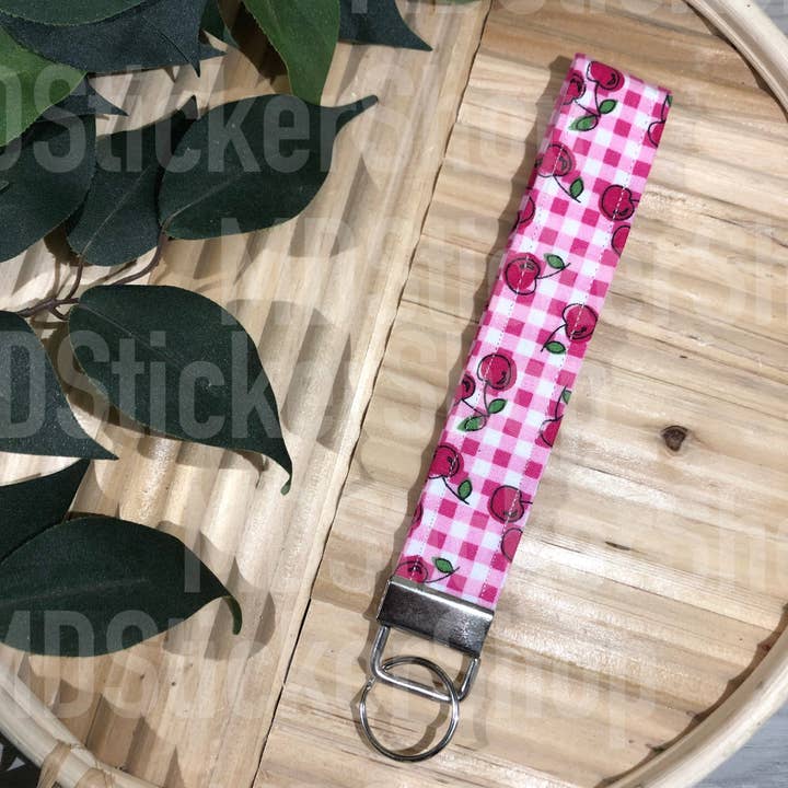 Cherries on Gingham Print Fabric Keychain, Key Fob for wholesale by MDStickerShop
