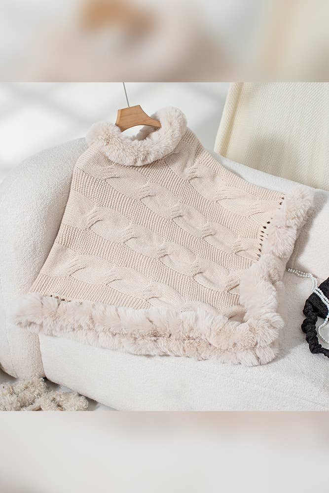 UNISHE - Wholesale Cape - Women's - Faux Fur Collar Chunky Cable Knit Sweater Cape MMY2259