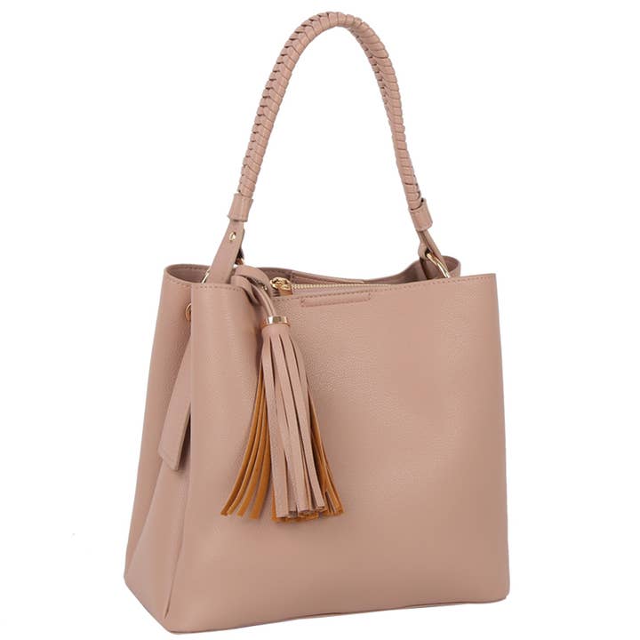 PLAIN TEXTURED TASSEL SHOULDER TOTE BAG, ME 0065 HR for wholesale by JOIA ACCESSORIES