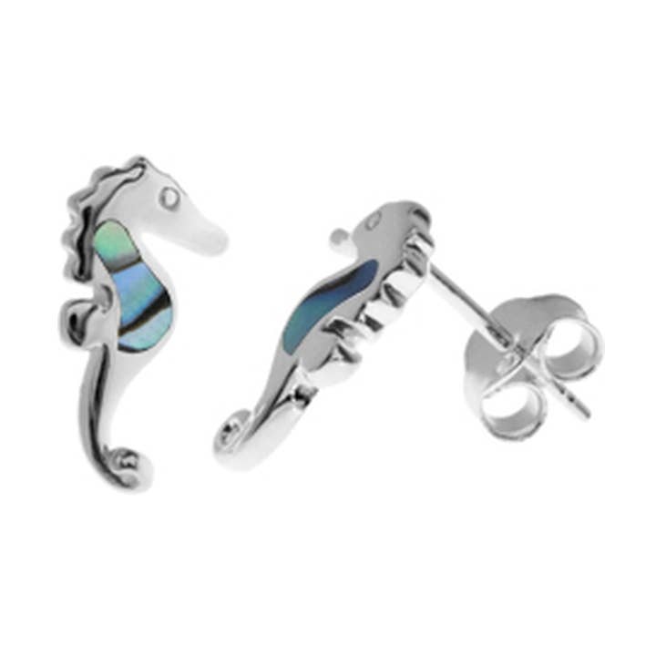 Orecchini a perno a forma di cavalluccio marino in conchiglia di paua Leona per la vendita all'ingrosso da parte di Kali Ma Designs - Sterling Silver Jewellery