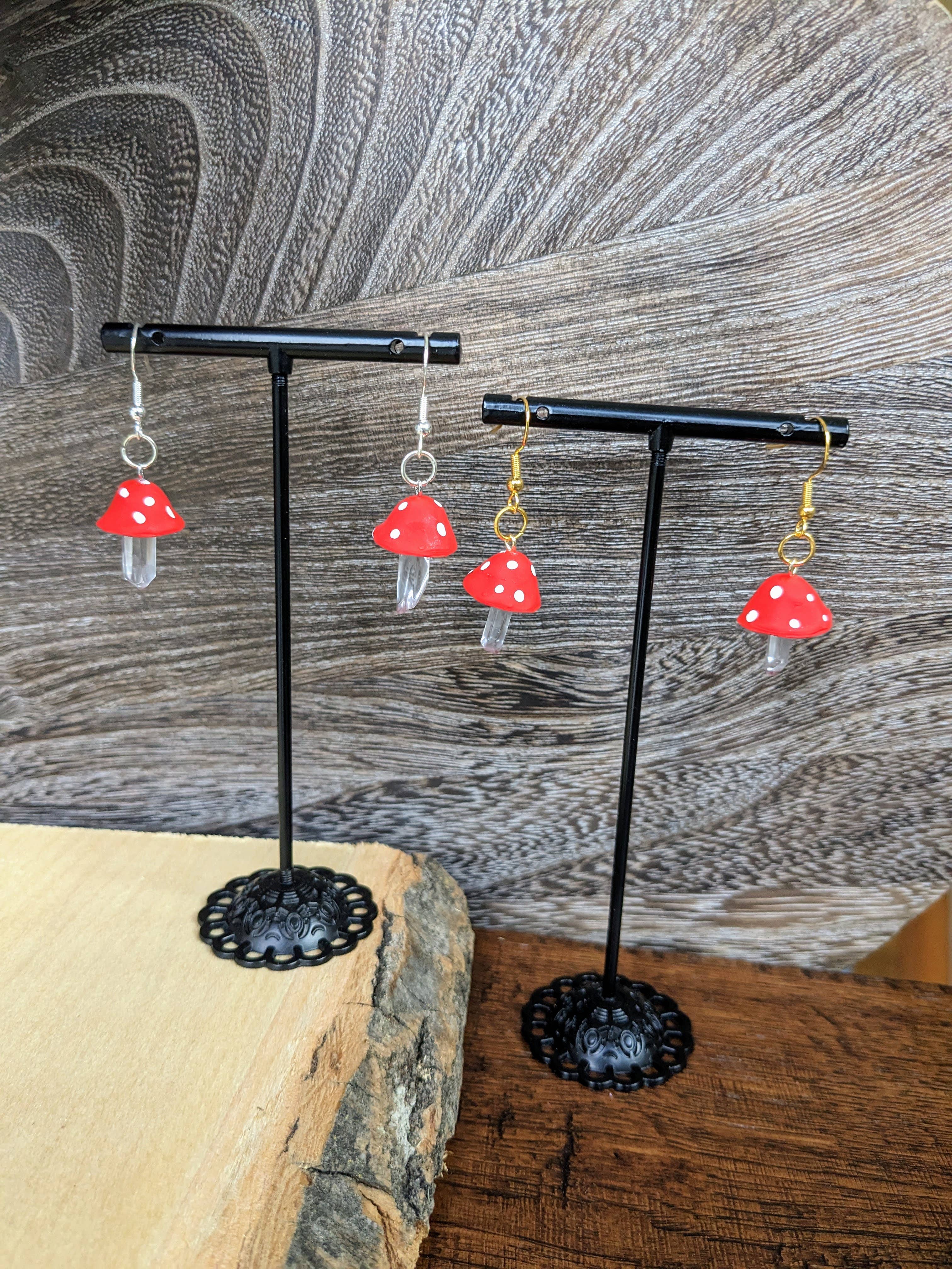 Stag and Branch - Wholesale Dangle Earrings - Crystal Red Top Mushroom | Clear Quartz Mushroom Dangle Hand2