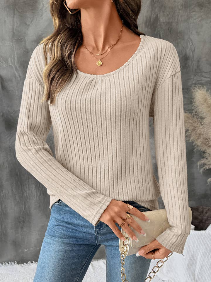 KHAKI Fashionable loose knitted long-sleeved T-shirt for wholesale on Faire3