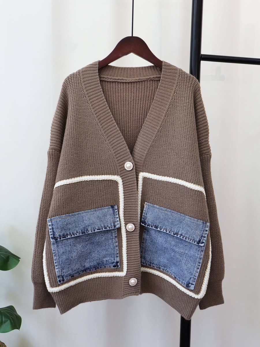 HIDDENBRAND - Wholesale Cardigan - Women's - Elegance Vintage Denim Pockets Sweater Cardigan3