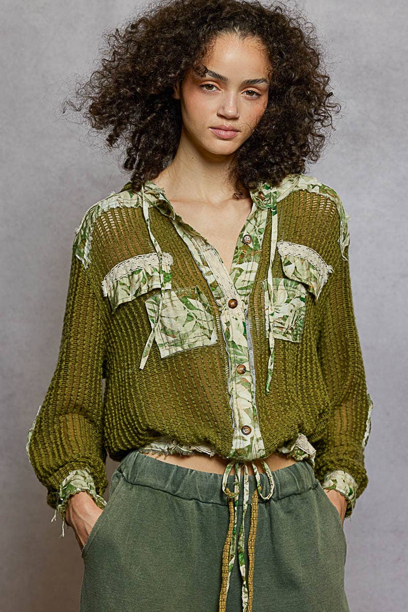 Pol Clothing - Wholesale Jacket - Women's - Vintage washed floral print patch crochet jacket SALE1