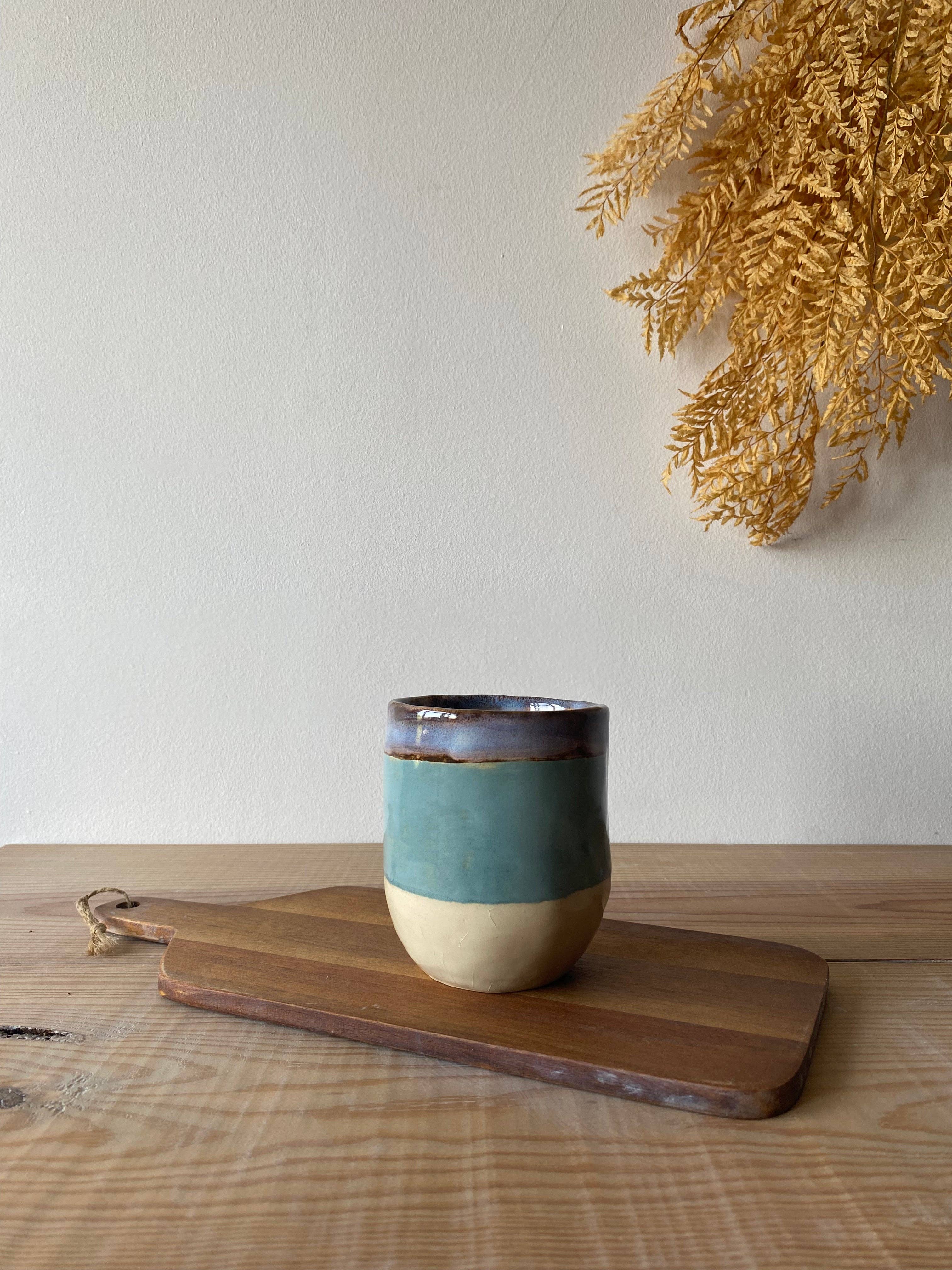 Set of 4 Ceramic Measuring Cups, Mint Green with Blue Drips by