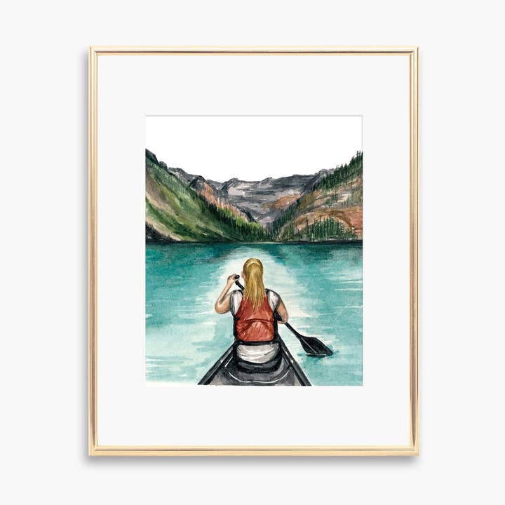 Watercolour Paddle on Lake Louise Art Print for wholesale by Peak Paper Co