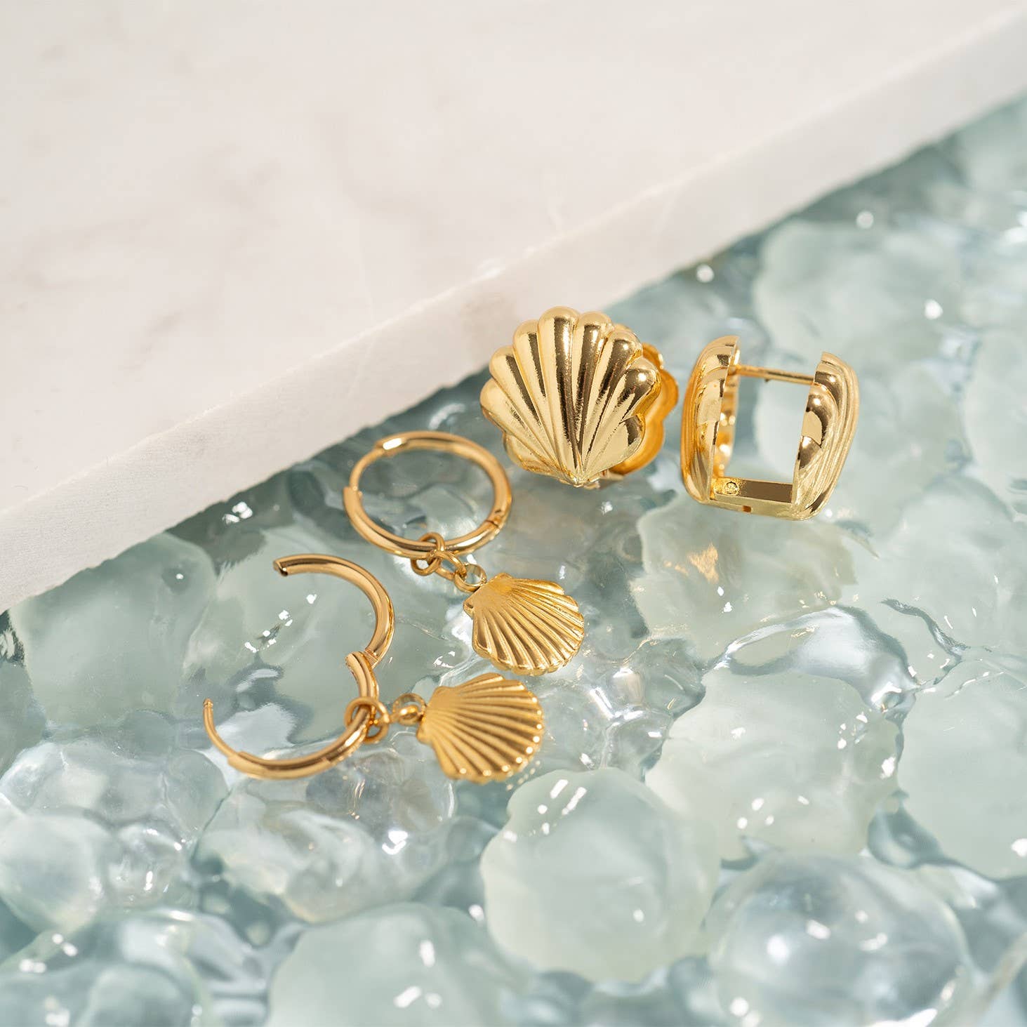 WJW - Wholesale Huggie Earrings - 18K Gold PVD Stainless Steel Shell Huggie Earrings7