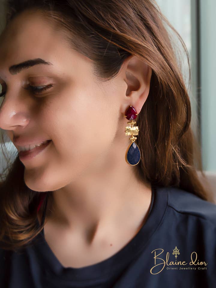Blue Chalcedony with Ruby Stone Gold Earrings for wholesale by BlaineDor