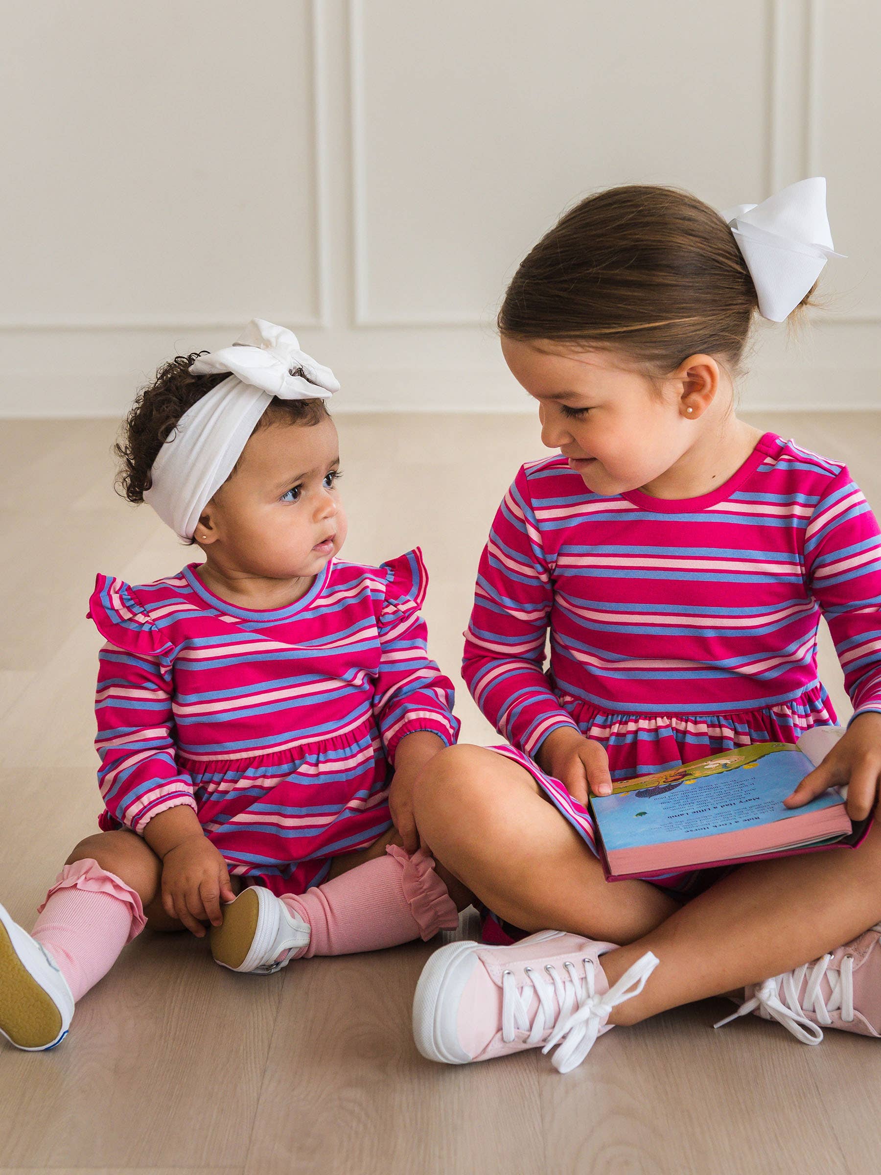 Pink Girls Very Berry & Periwinkle Blue Stripe Knit Long Sleeve Twirl Dress for wholesale on Faire3