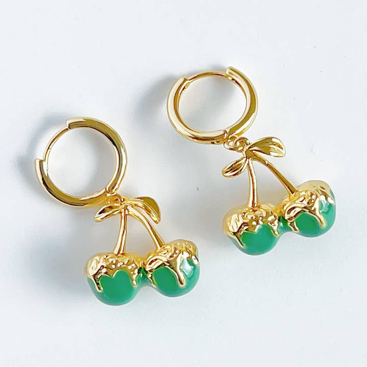 Green Cherry in Gold Hoop Hinged Earrings for wholesale by Ninaouity