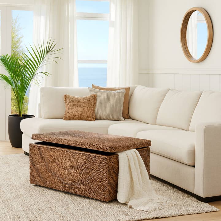 Storage Bench - Brown Woven Upholstered Wide Seat, 19 in. for wholesale by Sagebrook Home