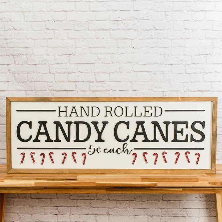 Hand Rolled Candy Canes Sign – 13x35 Inches – Black & Red Lettering – Christmas Wood Decor for wholesale by Nail and Hook Laser Cut Home Decor
