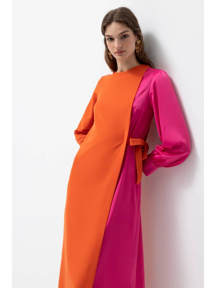 Orange COLORBLOCK SIDE-TIE LONG SLEEVE MIDI DRESS for wholesale on Faire
