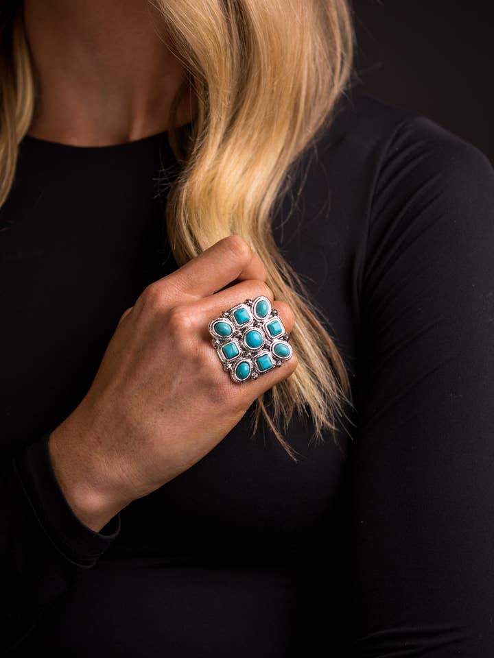 Adjustable Turquoise and Silver Square Multi Stone Ring for wholesale by West & Co.