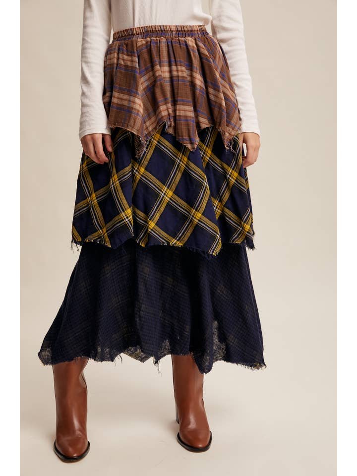 Listicle - Wholesale Skirt - Women's - Layered Patchwork Plaid Maxi Skirt LSK01701